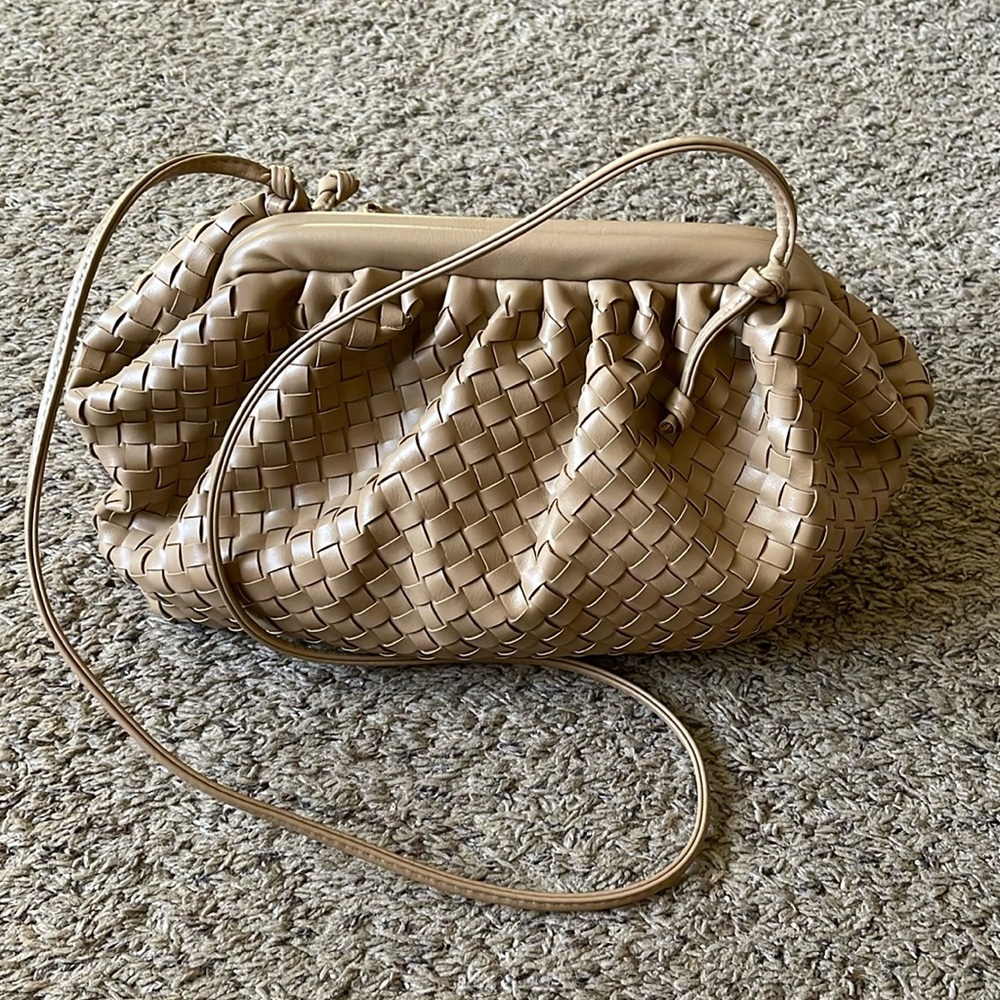 Tan Woven Faux Leather Crossbody Shoulder Bag